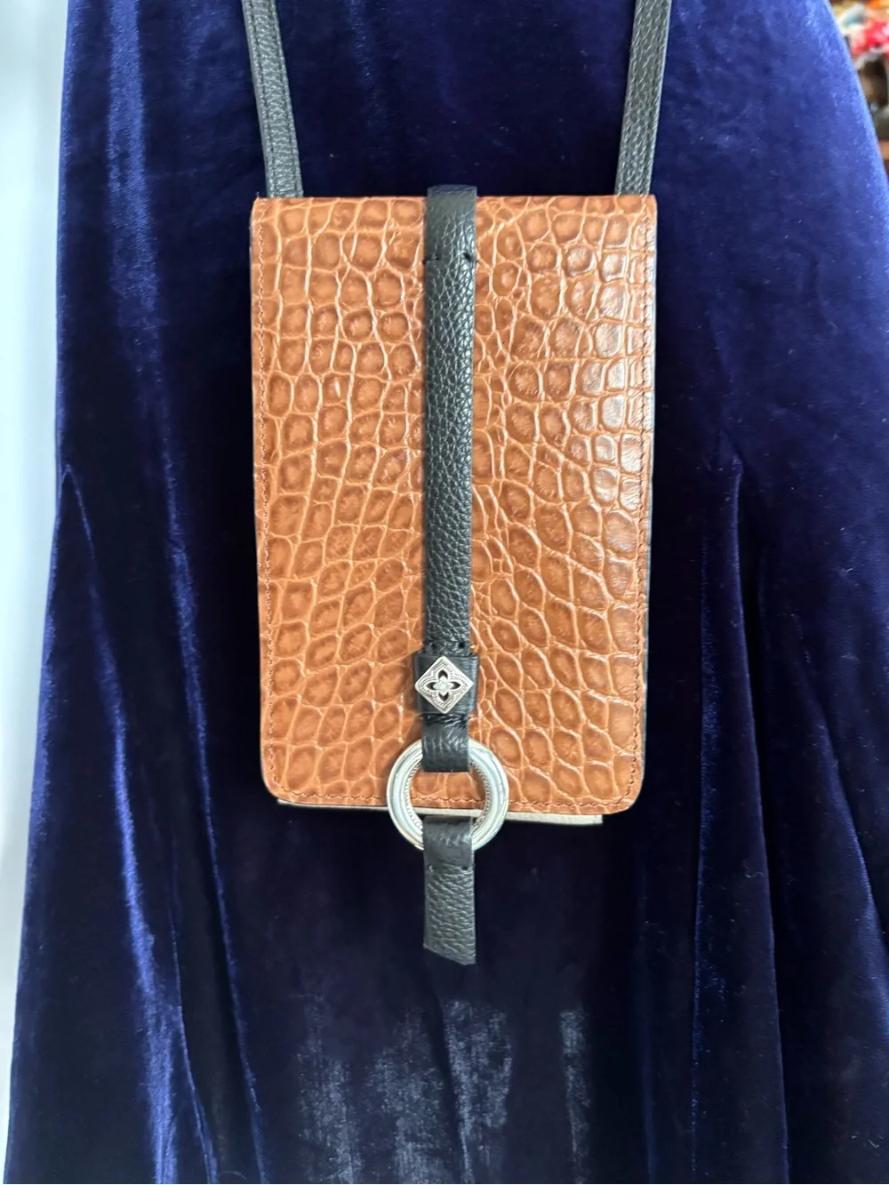 Brighton Toledo Brown Croc-Embossed & Cream Leather Crossbody Phone Wallet Bag